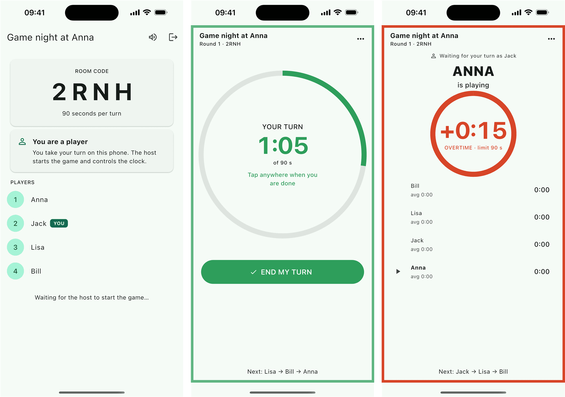The lobby with the room code, your turn counting down in green, and overtime in red